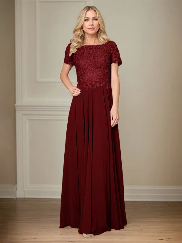 A Line Chiffon Boat Neck Short Sleeves Floor Length Pleated Mother of the Bride Dresses