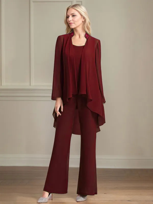 Chiffon Kleid mit Rundhalsausschnitt, langen Ärmeln, bodenlang, Hosenanzug für die Brautmutter