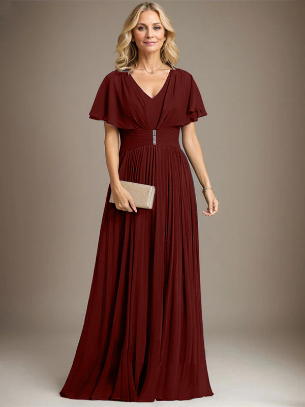 A-Linien V-Ausschnitt Bodenlanges Chiffon Brautmutterkleid mit Kristallbrosche und Plisseefalten