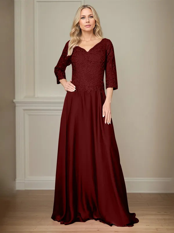 A Line Chiffon V Neck 3/4 Sleeves Floor-Length Mother Of The Bride Dress With Appliques