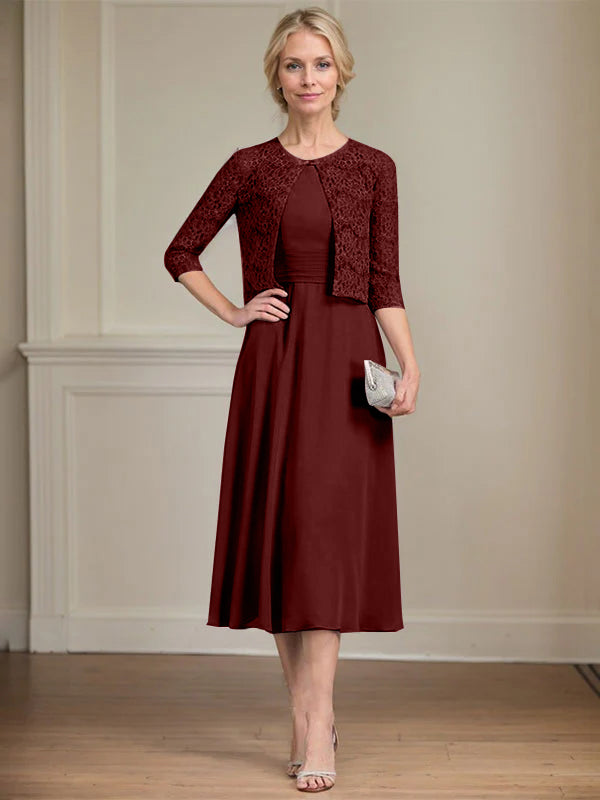 A-Linien Rundhals Tee-Länge Chiffon Kleid für die Mutter der Braut mit Falten