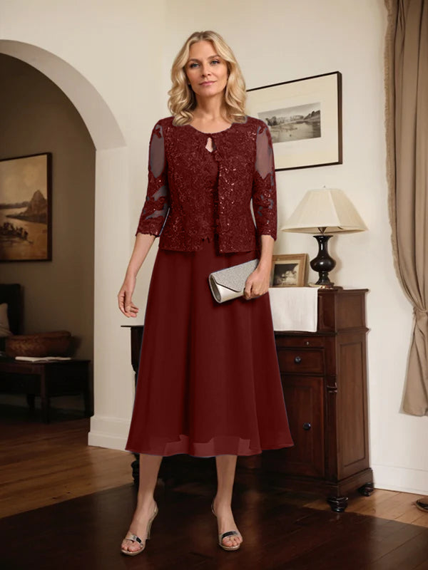 A-Linien Spitzen-Chiffon-Brautmutterkleid mit V-Ausschnitt, tea-length, mit Pailletten
