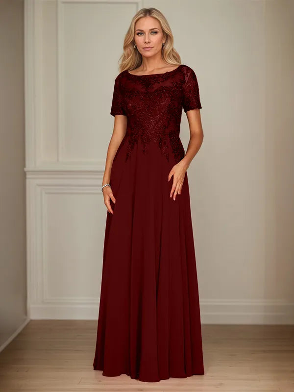 A Line Chiffon Boat Neck Short Sleeves Floor Length Mother of the Bride Dresses