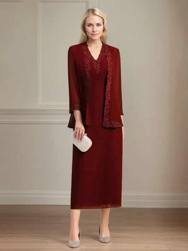 Etui/Column Chiffon V-Ausschnitt 3/4 Ärmel Tea-Length Kleid für die Mutter der Braut