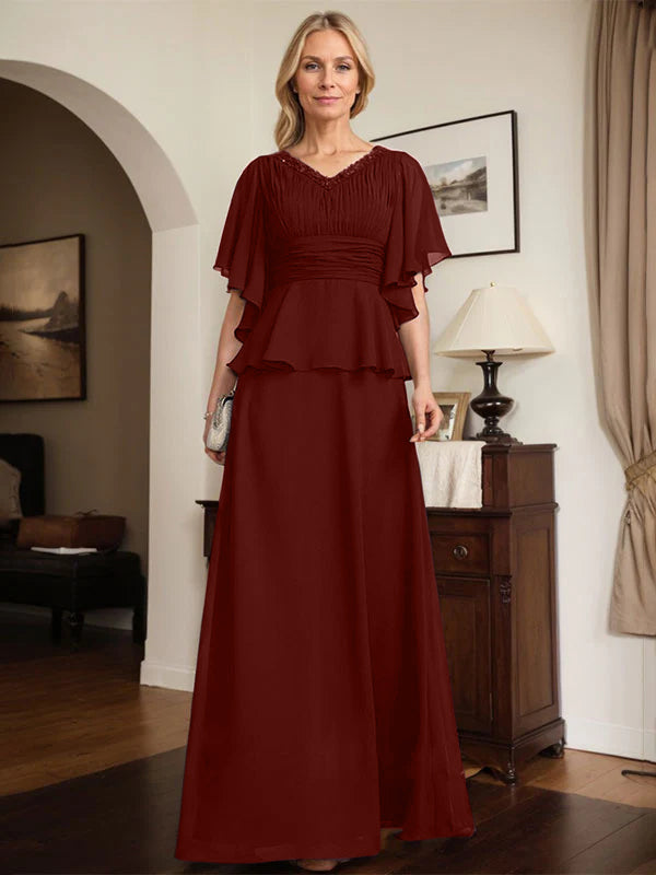 A-Linien Chiffon-Mutter-der-Braut-Kleid mit V-Ausschnitt, bodenlang, plissierte Perlenverzierung