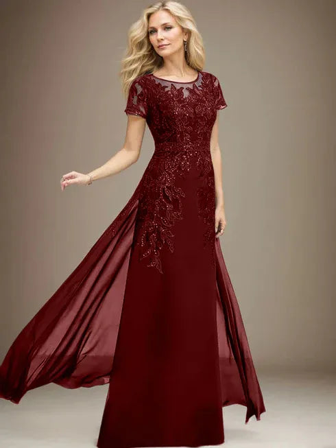 Etui/Säulen Rundhals Illusionsbodenlanges Spitzen-Chiffonkleid für die Brautmutter mit Pailletten
