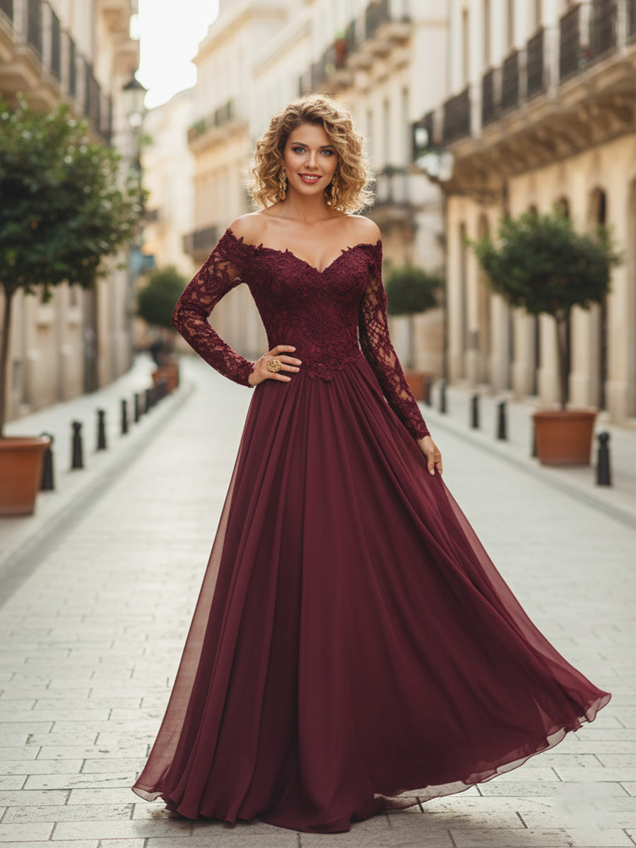 Abito lungo da madre della sposa in chiffon a linea A Cabernet con maniche