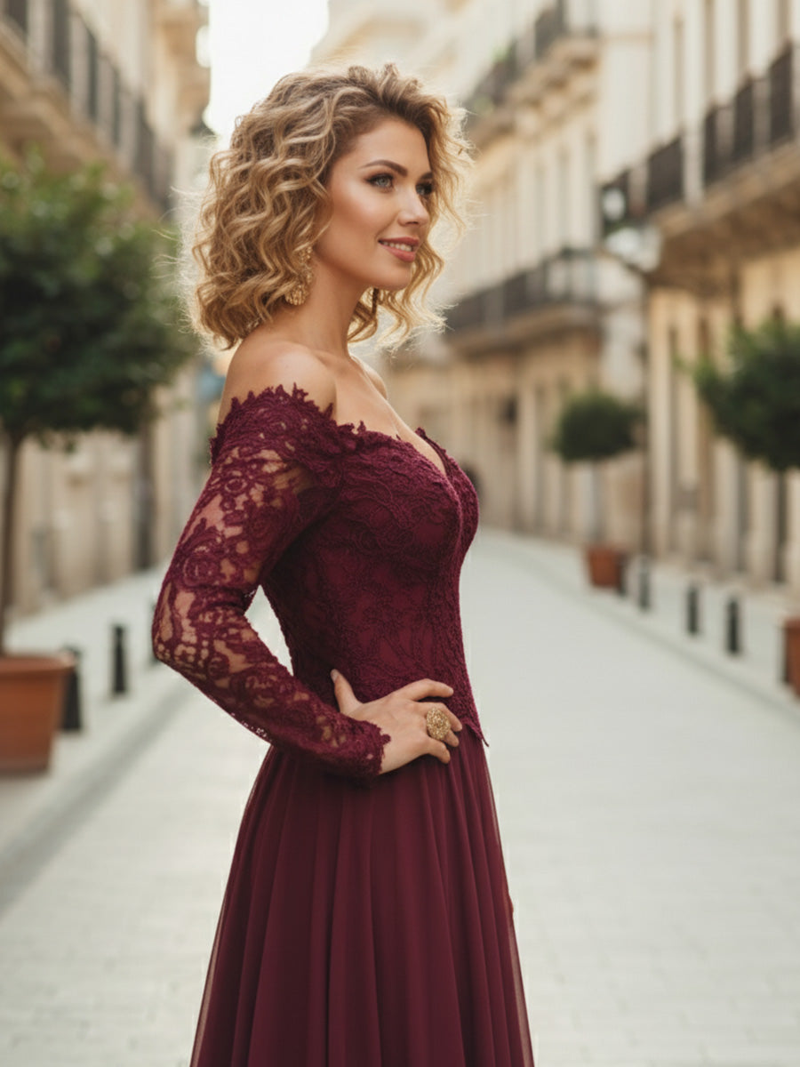 Abito lungo da madre della sposa in chiffon a linea A Cabernet con maniche