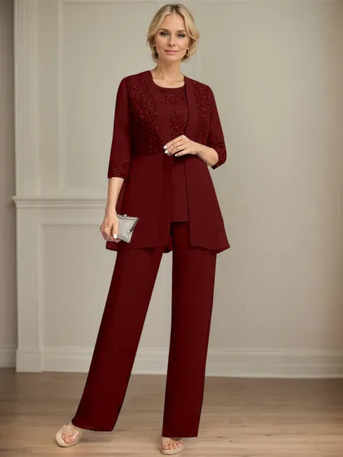 Combinaison/pantalon séparé en mousseline et dentelle, longueur au sol, col rond, robe mère de la mariée avec sequins