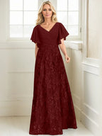 Vestido de madre de la novia en línea A con escote en V, largo hasta el suelo, encaje, lentejuelas y gasa plisada