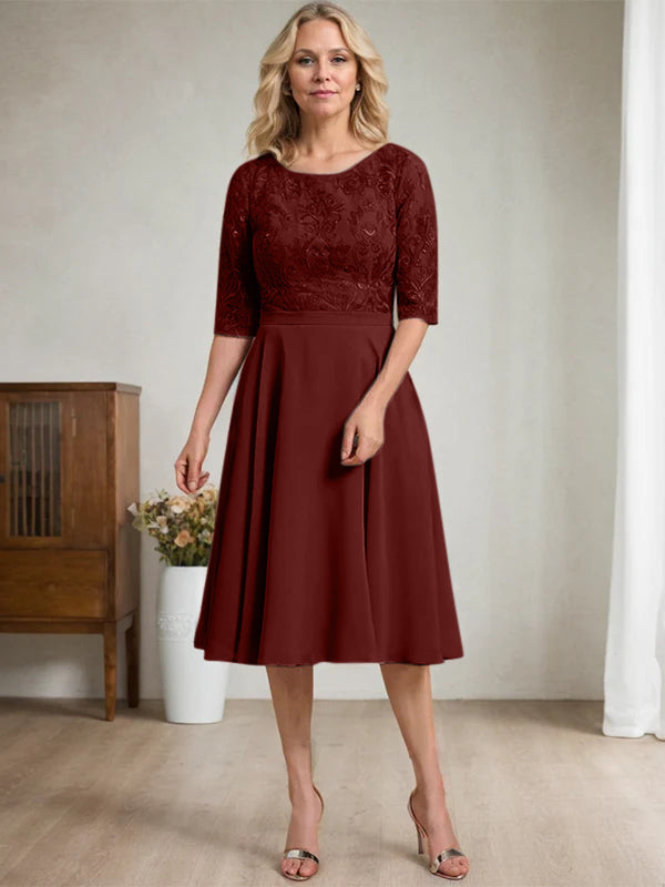 A-Linien Rundhalsausschnitt knielanges Spitzen-Chiffon Kleid für die Mutter der Braut