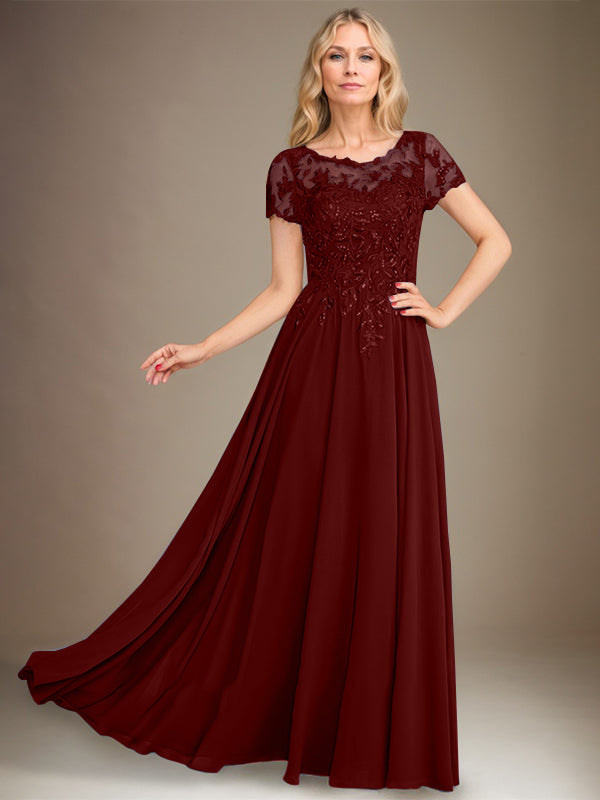 A-Line Scoop Floor-Length Chiffon Mother of the Bride Dress With Applique & Sequins