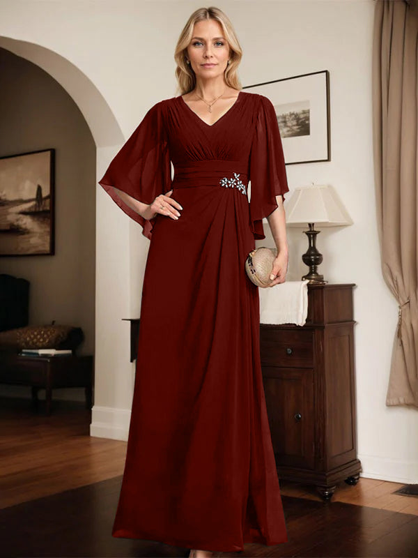 Etuikleid/Säule V-Ausschnitt bodenlanges Chiffon Mutter-der-Braut-Kleid mit plissierten Pailletten und Perlen