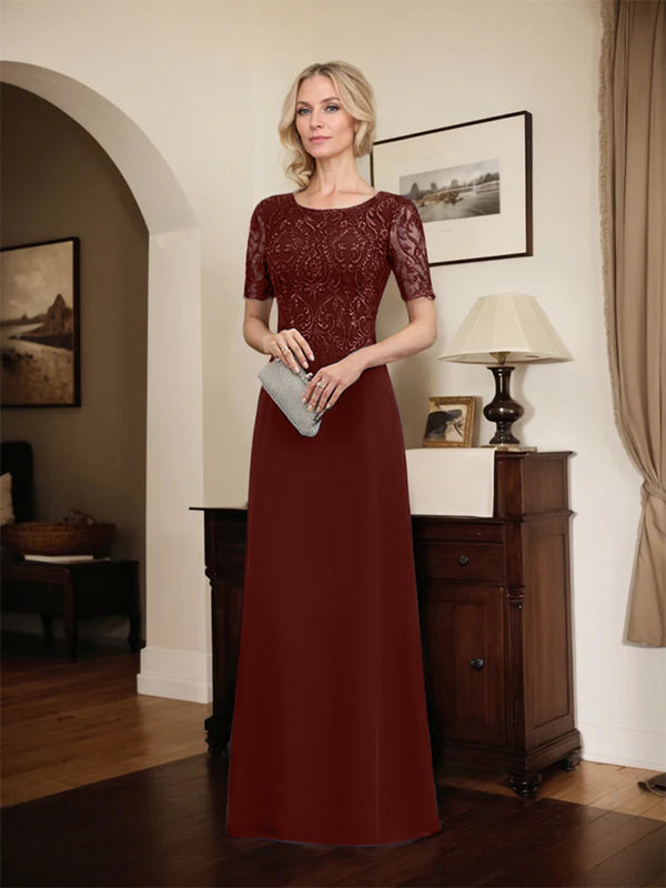 A-Linien Spitzen-Chiffon-Mutter-der-Braut-Kleid mit Rundhalsausschnitt, bodenlang und Pailletten