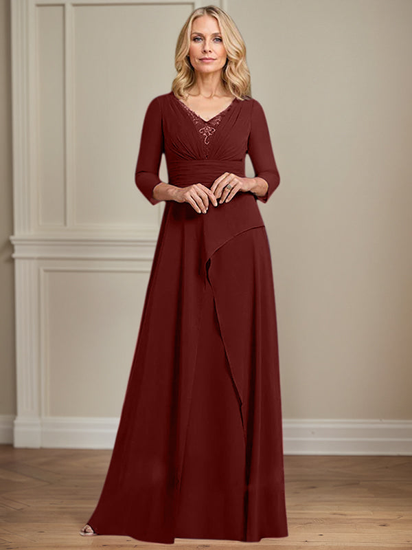 A-Linien Chiffon-Mutter-der-Braut-Kleid mit V-Ausschnitt, bodenlang, plissierte Perlenverzierung