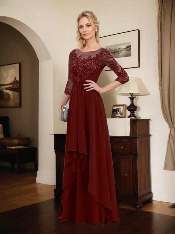 Robe mère de la mariée en ligne A avec col rond illusion, dentelle et chiffon longueur sol avec volants en cascade
