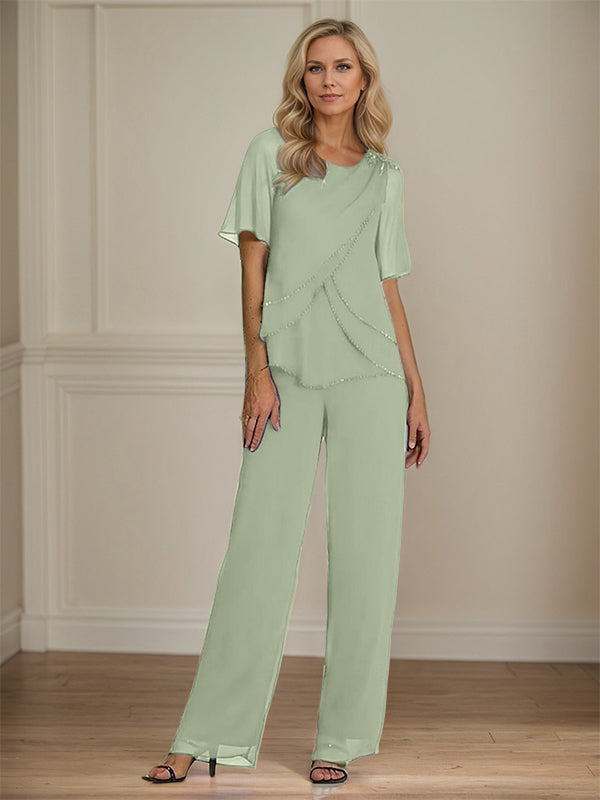 2 Piece Jumpsuit / Pantsuit Crew Neck Floor Length Chiffon Mother of the Bride Dress