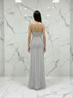 Celestial Silver Beaded Illusion Prom Dress with Overskirt