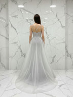 Celestial Silver Beaded Illusion Prom Dress with Overskirt