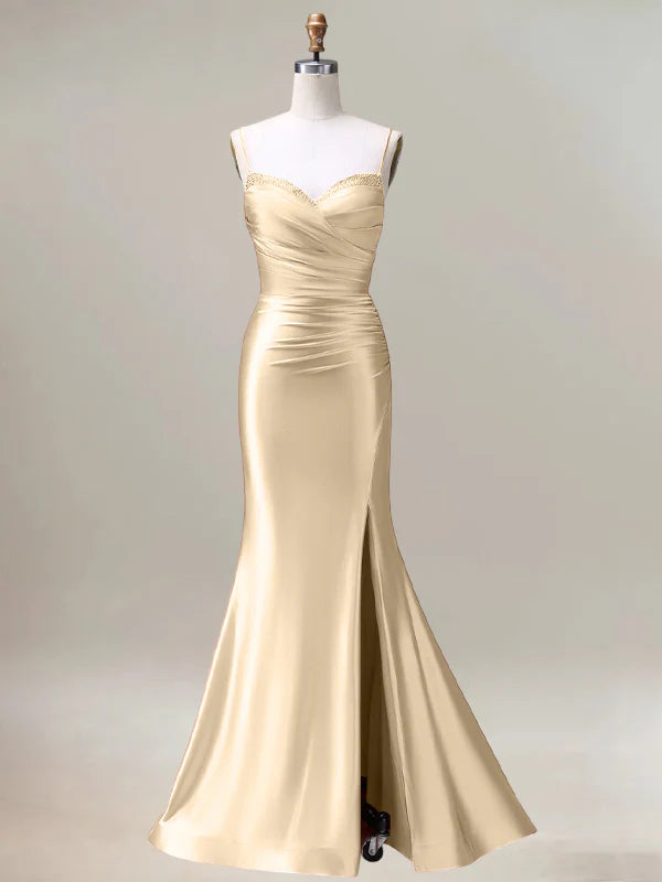 Robe sirène champagne longue plissée à bretelles spaghetti avec fente