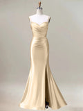 Robe sirène champagne longue plissée à bretelles spaghetti avec fente