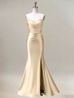 Robe sirène champagne longue plissée à bretelles spaghetti avec fente