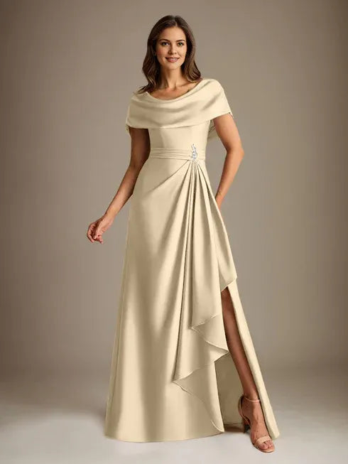 A-Linien-Kleid mit Rundhalsausschnitt, bodenlang, aus Stretch-Satin, Brautmutterkleid mit fallenden Rüschen