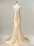 Robe sirène champagne longue plissée à bretelles spaghetti avec fente