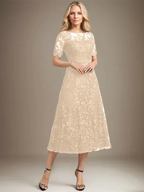 Vestido de Mãe da Noiva em Renda com Decote Ilusão, Corte A, Comprimento Chá e Paetês