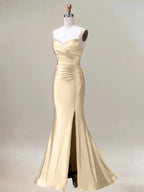 Robe sirène champagne longue plissée à bretelles spaghetti avec fente