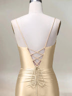 Robe sirène champagne longue plissée à bretelles spaghetti avec fente