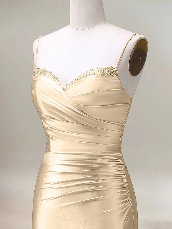 Robe sirène champagne longue plissée à bretelles spaghetti avec fente