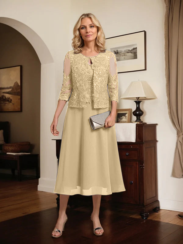 A-Linien Spitzen-Chiffon-Brautmutterkleid mit V-Ausschnitt, tea-length, mit Pailletten