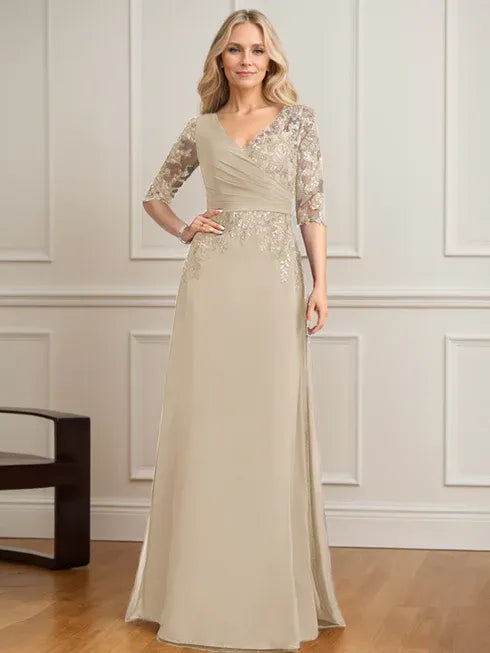 A-Linien V-Ausschnitt bodenlanges Spitzen-Chiffon Kleid der Brautmutter mit plissierten Pailletten