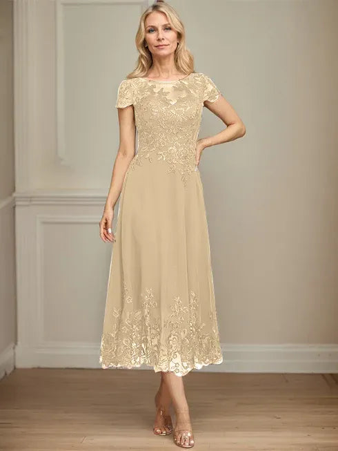 A-Linien Illusions Rundhals tea-langes Spitzenchiffon Mutter der Braut Kleid mit Pailletten