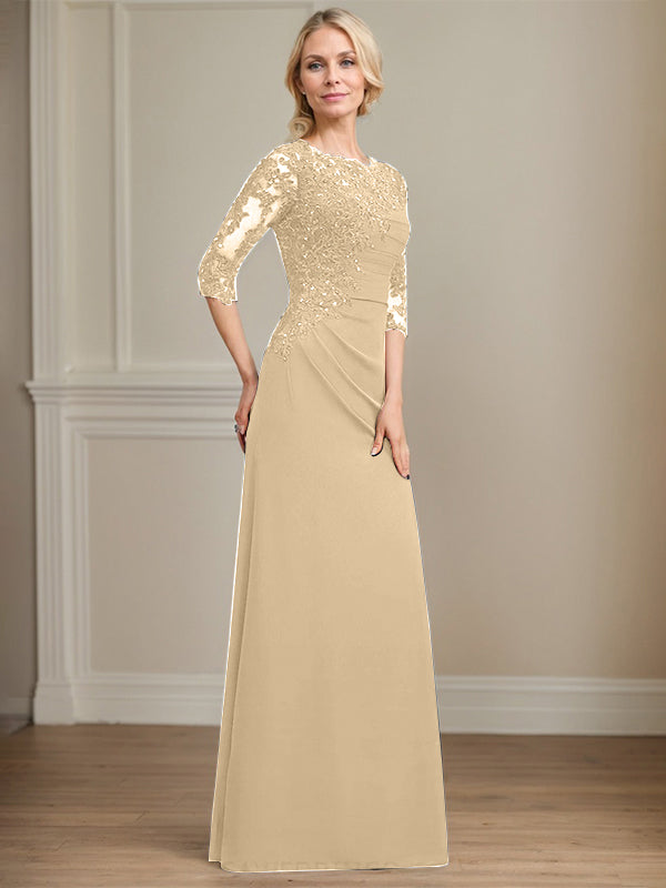 A-Linie Rundhals bodenlanges Chiffon Spitzen Brautmutterkleid mit Perlen Falten Pailletten