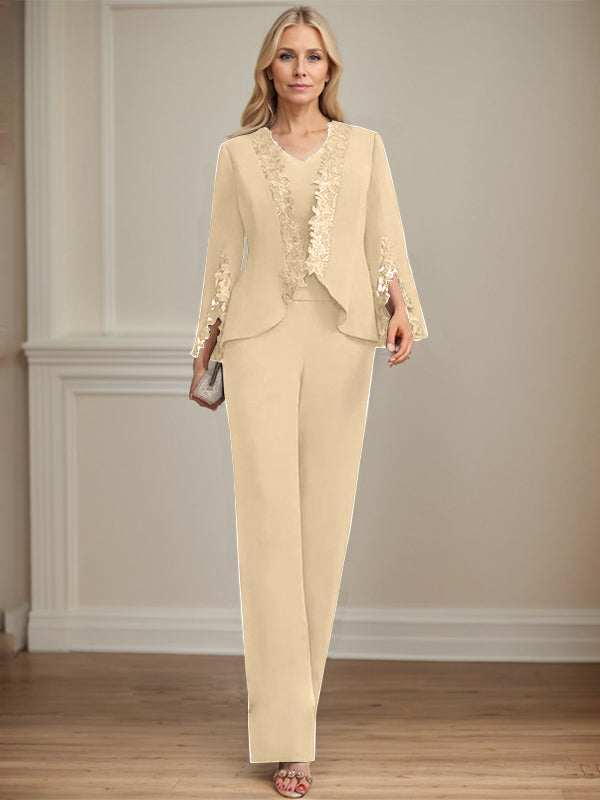 Zweiteiler Jumpsuit/Hosenanzug V-Ausschnitt bodenlanges Chiffon Mutter der Braut Kleid