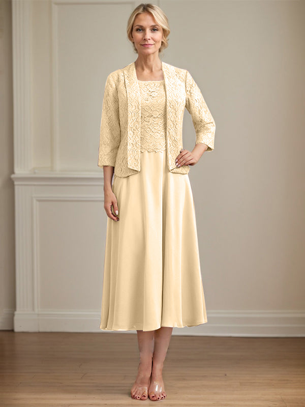 A-Linien Kleid mit Rundhalsausschnitt, tea-länge, Spitze und Chiffon, Mutter der Braut Kleid