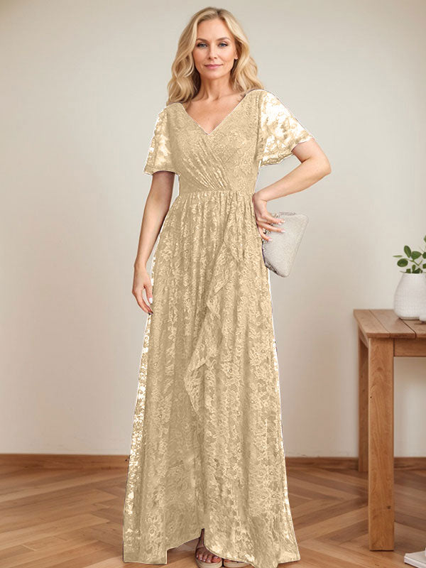 A-Linien Spitzen-Mutter-der-Braut-Kleid mit V-Ausschnitt, asymmetrisch und mit kaskadierenden Rüschen