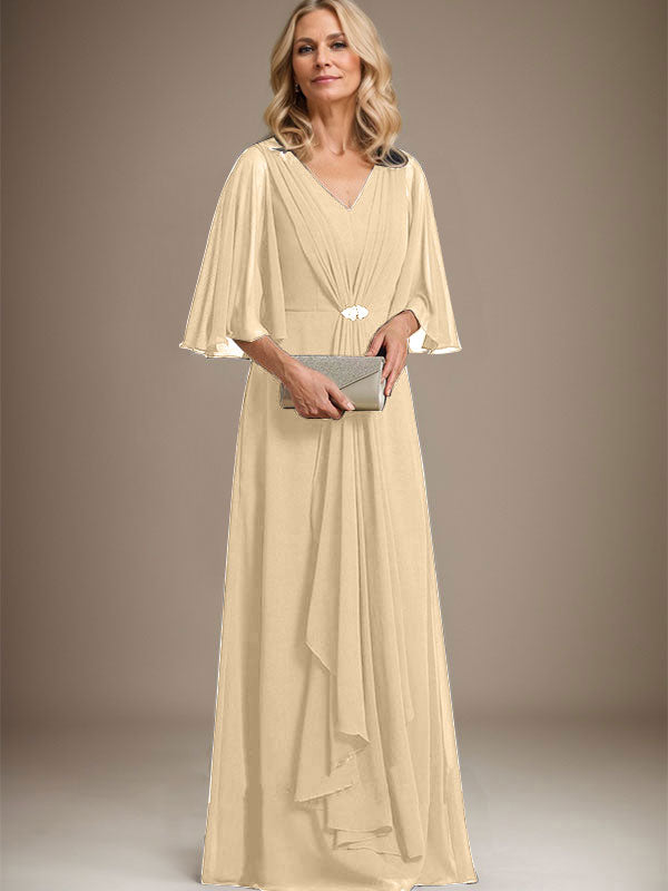 A-Linien V-Ausschnitt Bodenlanges Chiffon Kleid für die Brautmutter mit kaskadierenden Rüschen und Kristallbrosche