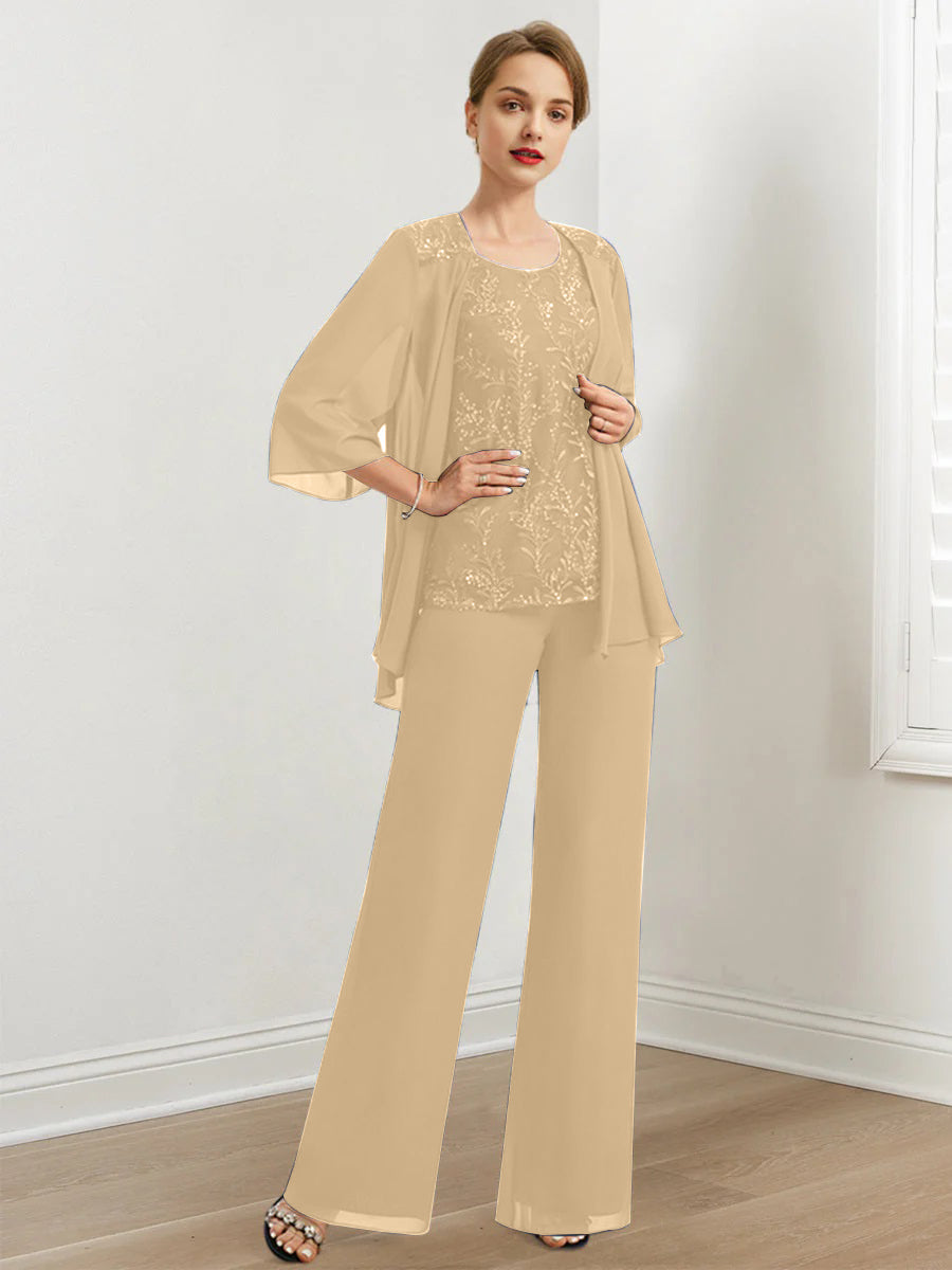 Chiffon Hosenanzüge für die Brautmutter mit Pailletten und Jacke