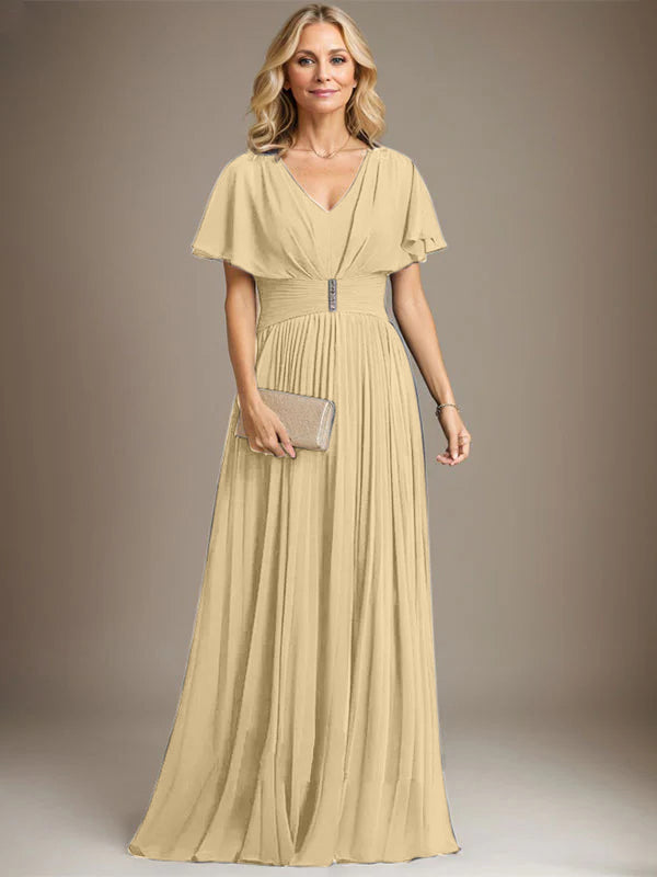 A-Linien V-Ausschnitt Bodenlanges Chiffon Brautmutterkleid mit Kristallbrosche und Plisseefalten