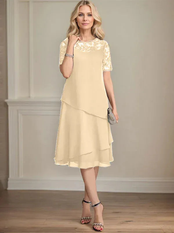 A-Linien Rundhals Illusions-Knie-Länge Spitzen-Chiffon Kleid für die Brautmutter mit Pailletten