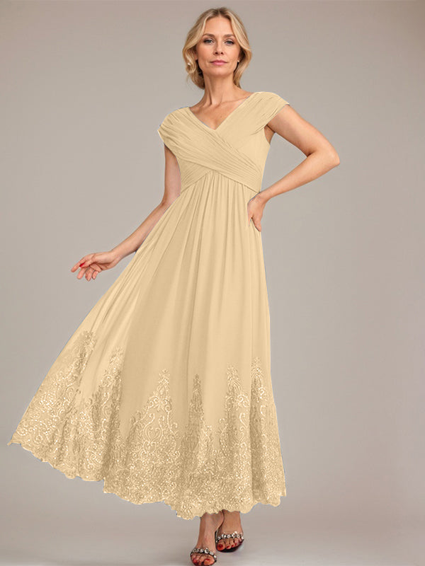 A-Linien V-Ausschnitt Knöchellanges Chiffon Kleid der Brautmutter mit Applikationen und Pailletten
