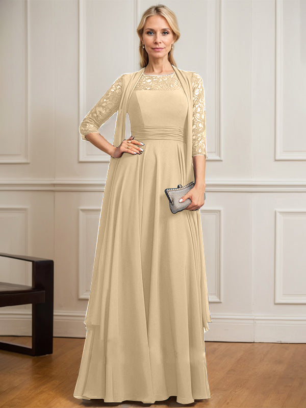 A-Linien Kleid mit Rundhalsausschnitt, Illusion, bodenlang aus Spitze und Chiffon, Mutter-der-Braut-Kleid mit Faltenwurf
