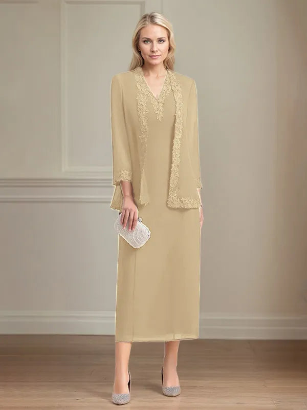 Etui/Column Chiffon V-Ausschnitt 3/4 Ärmel Tea-Length Kleid für die Mutter der Braut