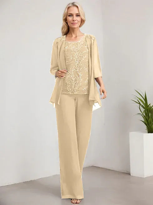 Zweiteiler Jumpsuit/Hosenanzug U-Ausschnitt bodenlanges Spitzen Chiffon Mutter der Braut Kleid mit Pailletten
