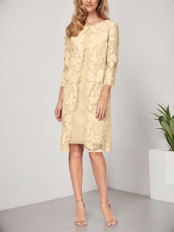 Robe mère de la mariée ligne A en mousseline et dentelle, longueur genou, col en U, avec veste