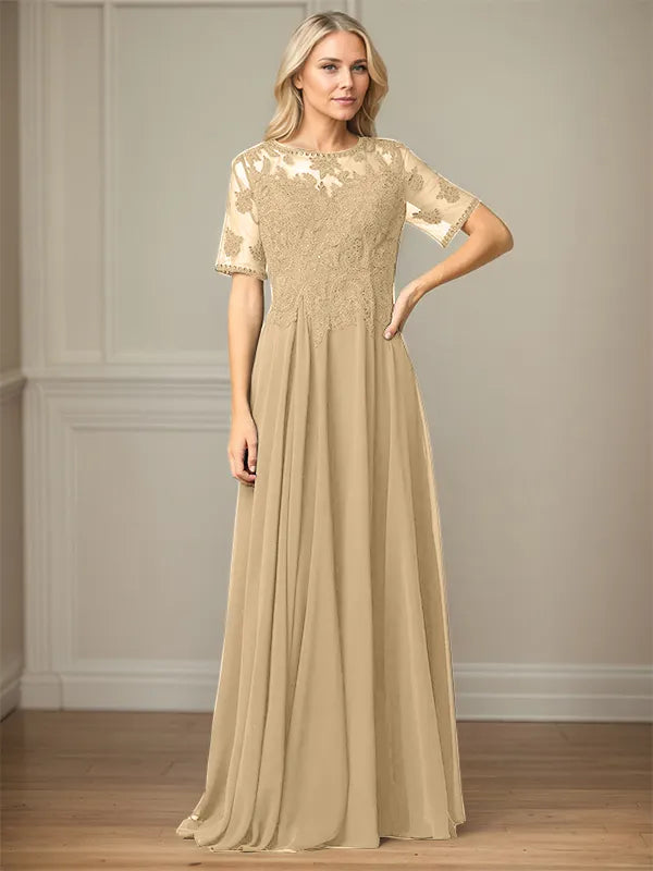A Line Chiffon Scoop Neck Short Sleeves Floor Length Mother of the Bride Dresses