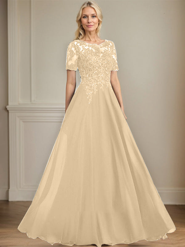 A-Linien Rundhals Illusions-Bodenlanges Chiffon-Spitzenkleid für die Mutter der Braut mit Pailletten und Perlen